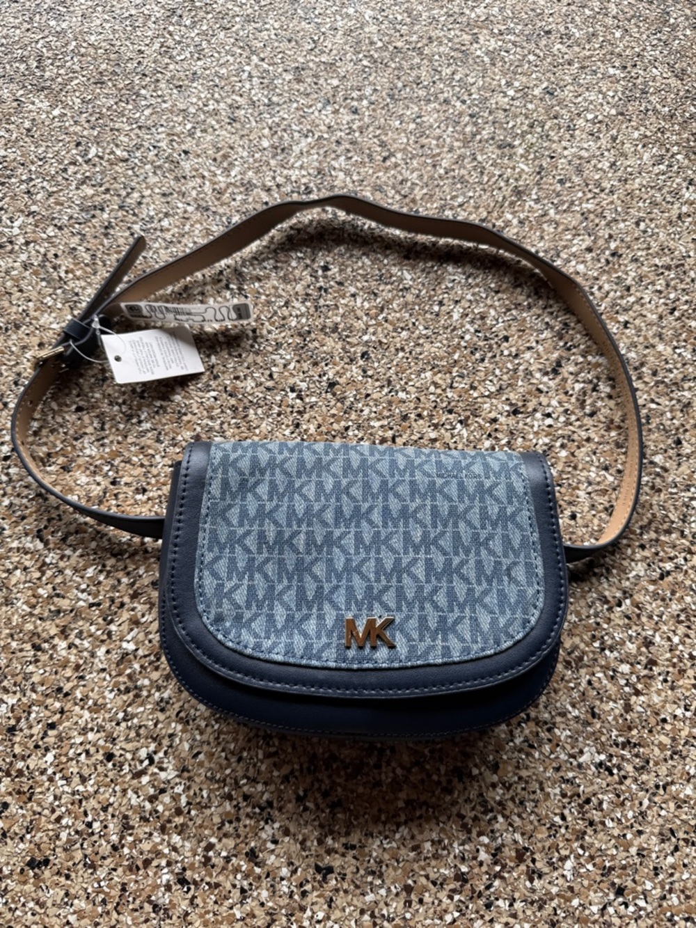 Michael Kors Blue Denim MK Monogram Belt Bag with Navy Trim